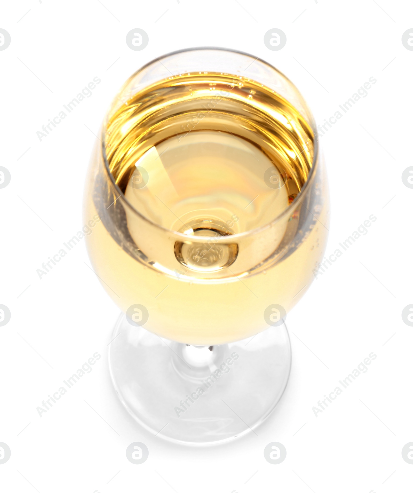 Photo of Glass of champagne on white background. Festive drink