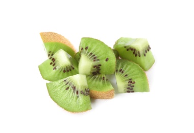 Photo of Cut fresh ripe kiwis on white background