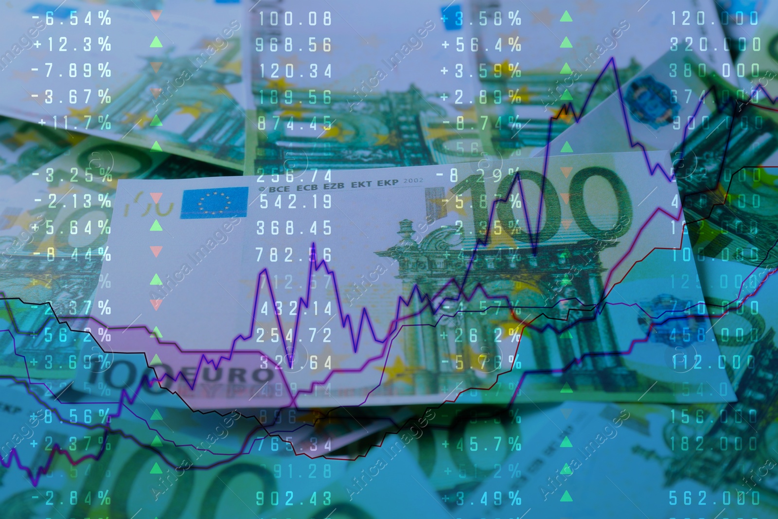 Image of Concept of bonds. Many euro banknotes as background, closeup