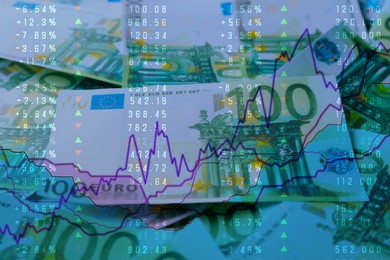 Image of Concept of bonds. Many euro banknotes as background, closeup
