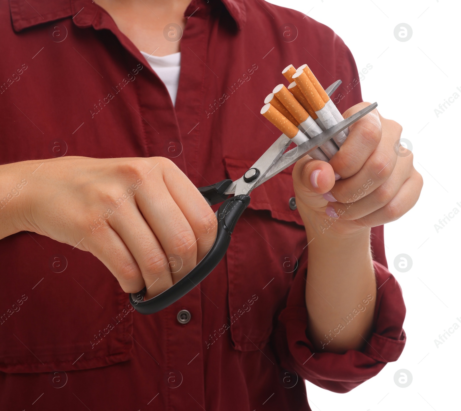 Photo of Stop smoking concept. Woman cutting cigarettes on white background, closeup