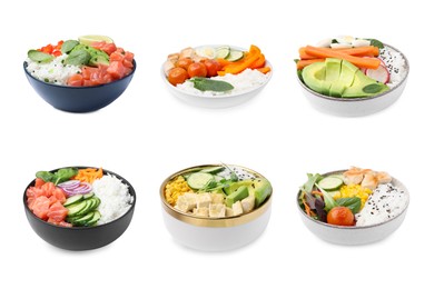 Image of Collage of different poke bowls isolated on white