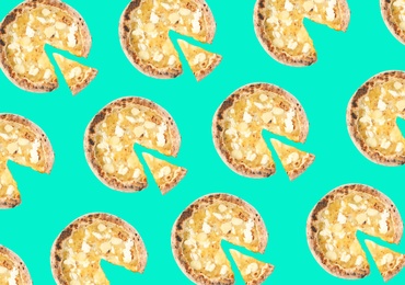 Image of Cheese pizza pattern design on turquoise background 