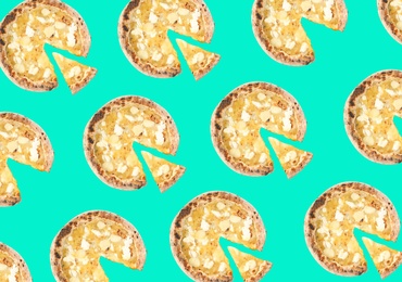 Cheese pizza pattern design on turquoise background 