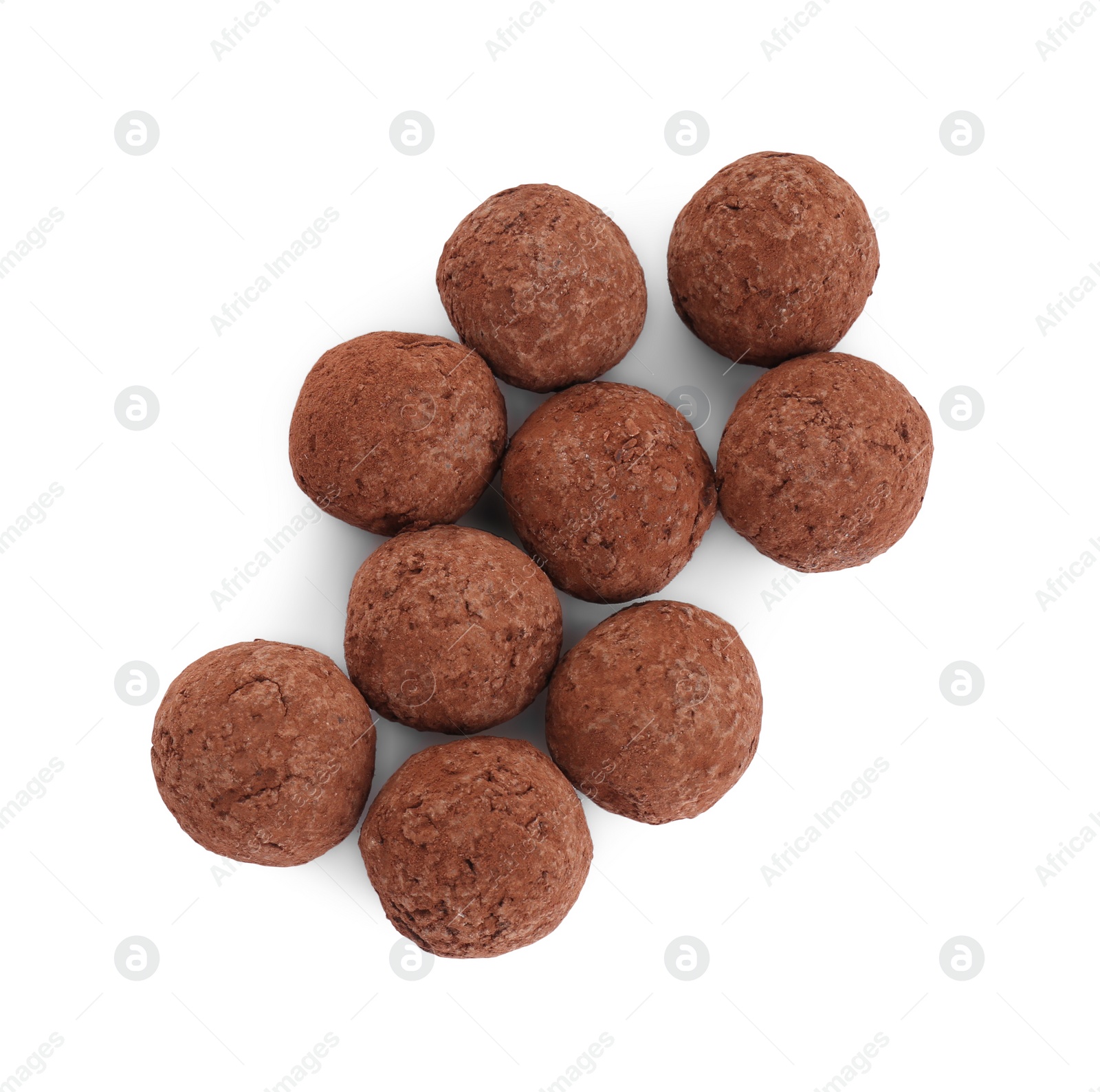 Photo of Tasty sweet chocolate candies isolated on white, top view