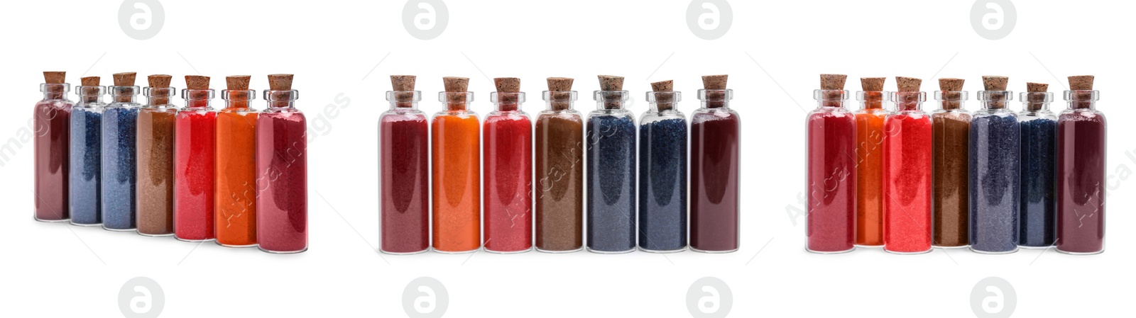 Image of Set of different powdered food coloring in bottles isolated on white