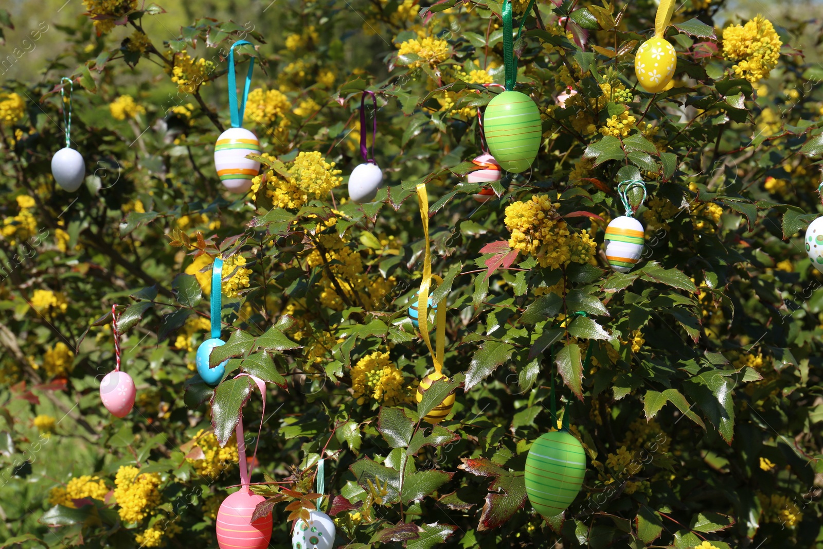 Photo of Beautifully painted Easter eggs hanging on tree outdoors