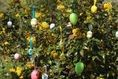 Photo of Beautifully painted Easter eggs hanging on tree outdoors