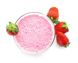 Glass with healthy detox smoothie and strawberries on white background, top view