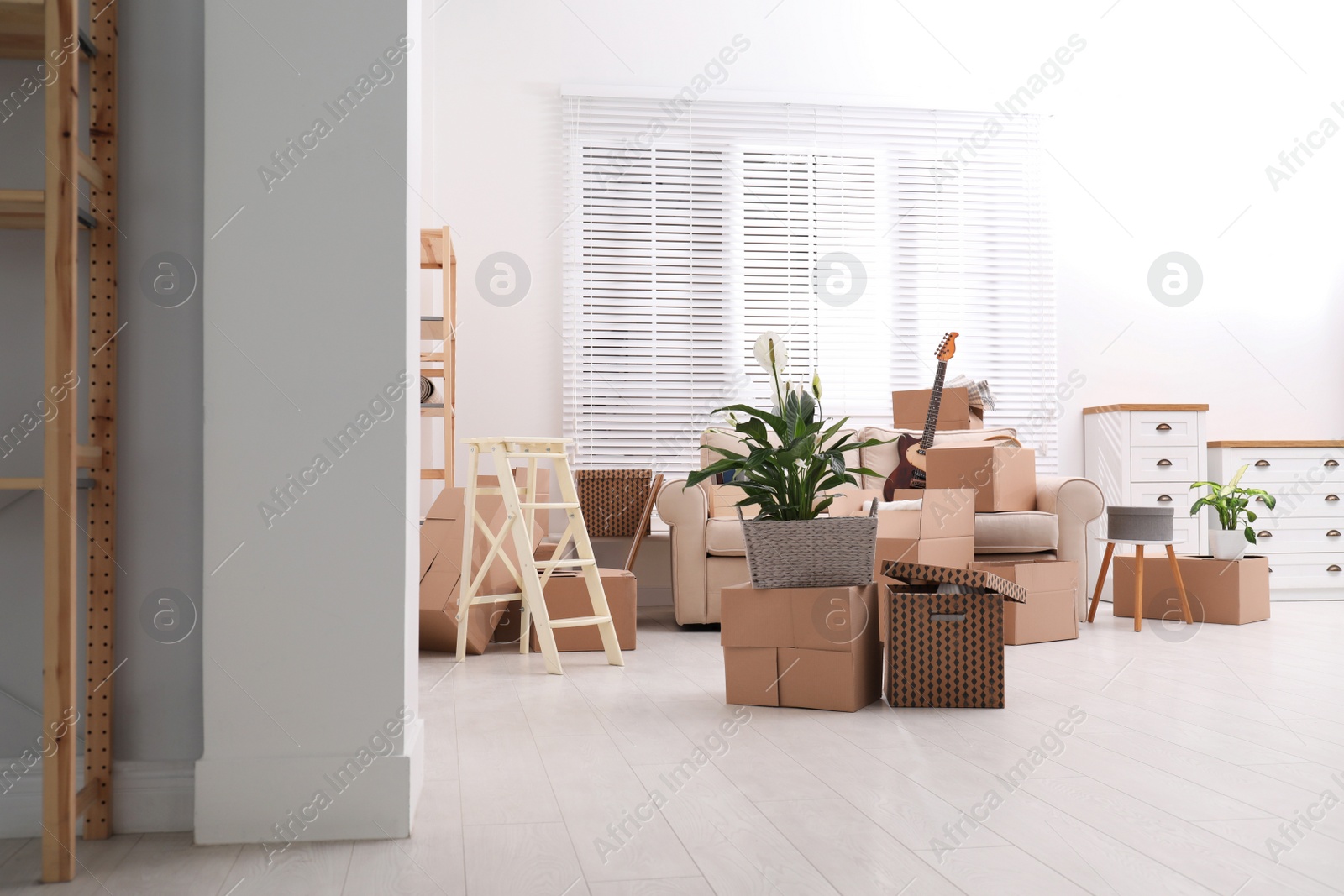 Photo of Cardboard boxes and household stuff in living room. Moving day