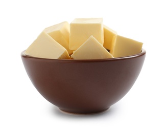 Photo of Bowl with butter cubes on white background