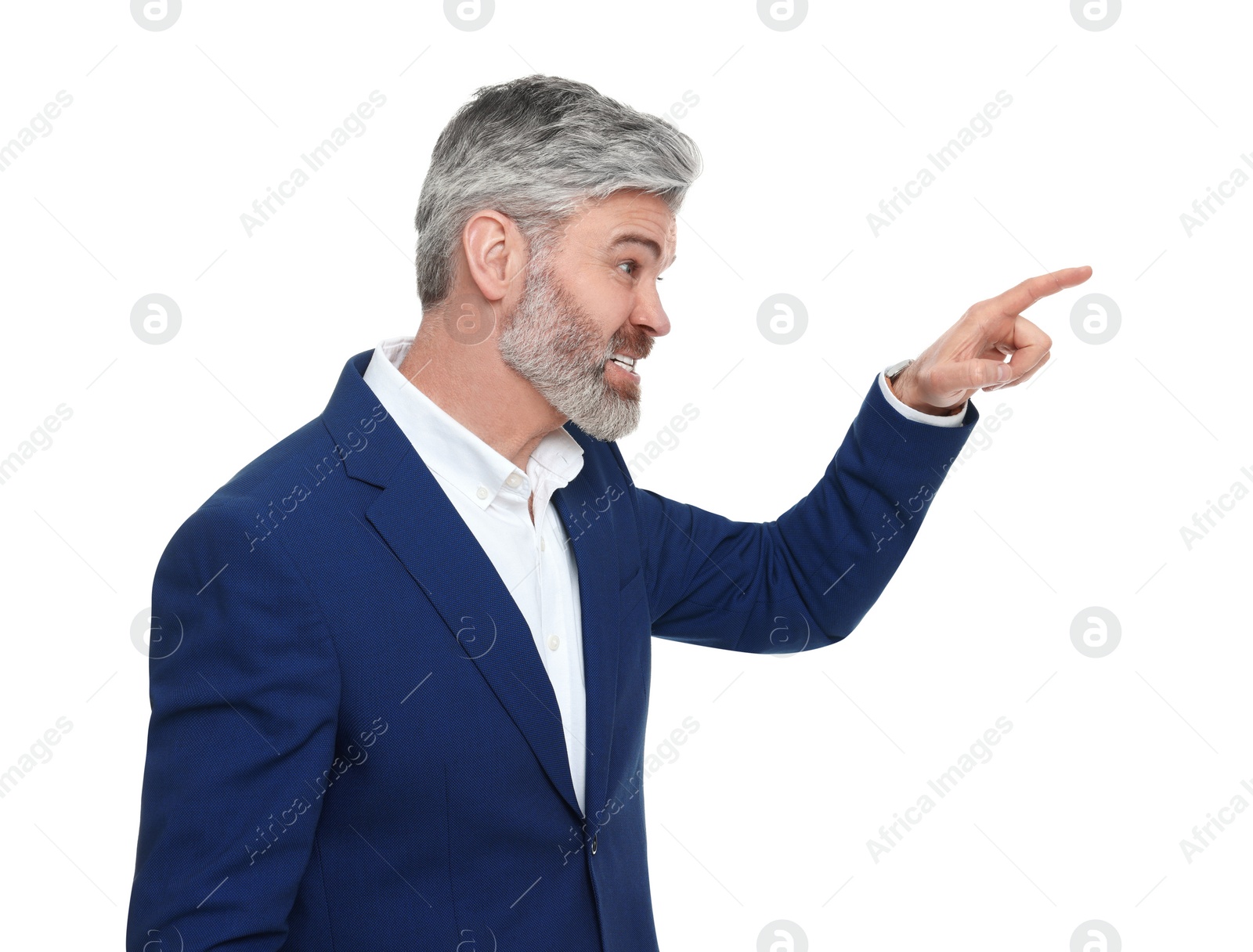 Photo of Mature businessman in stylish clothes posing on white background