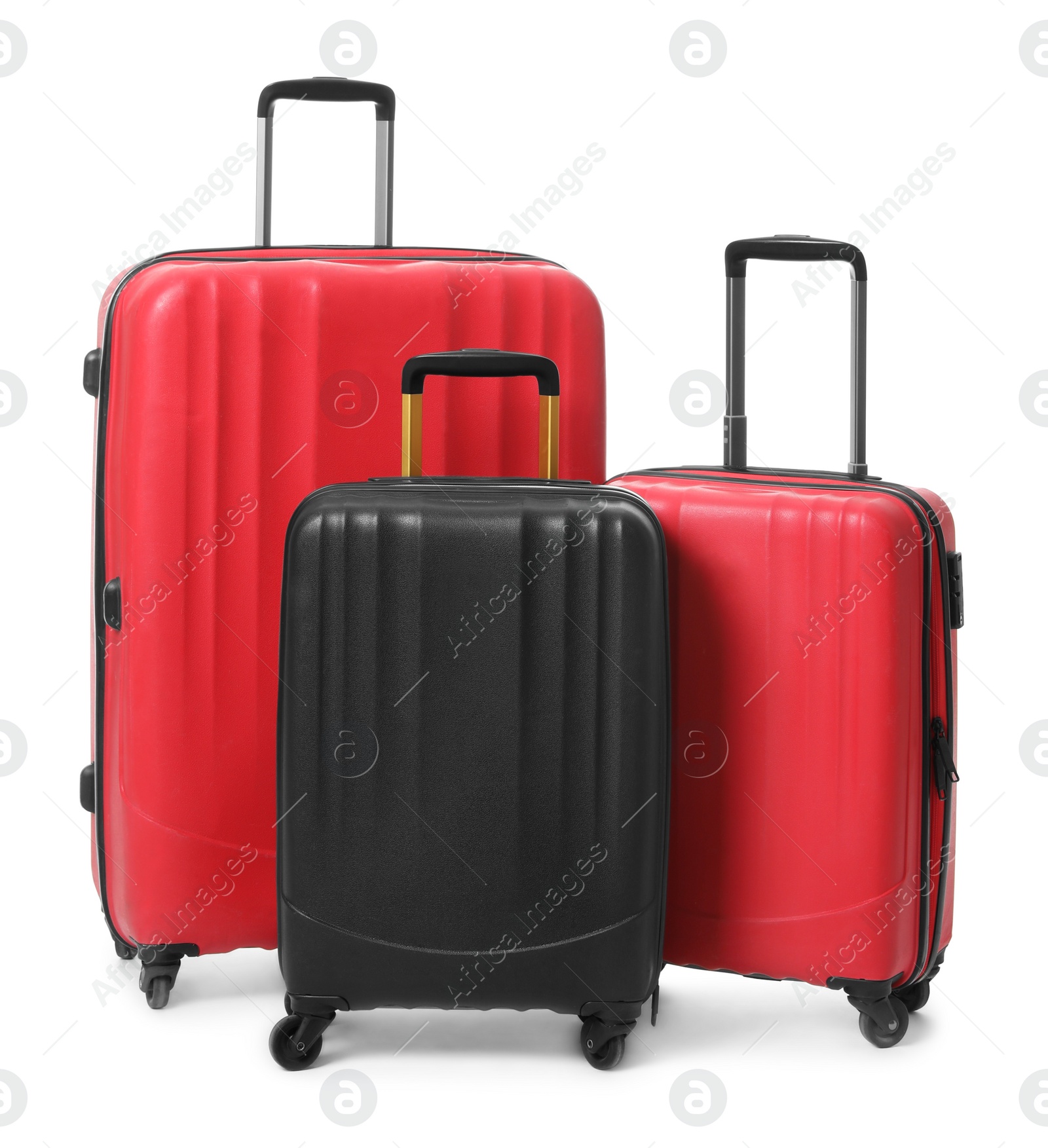 Photo of Modern suitcases for travelling on white background