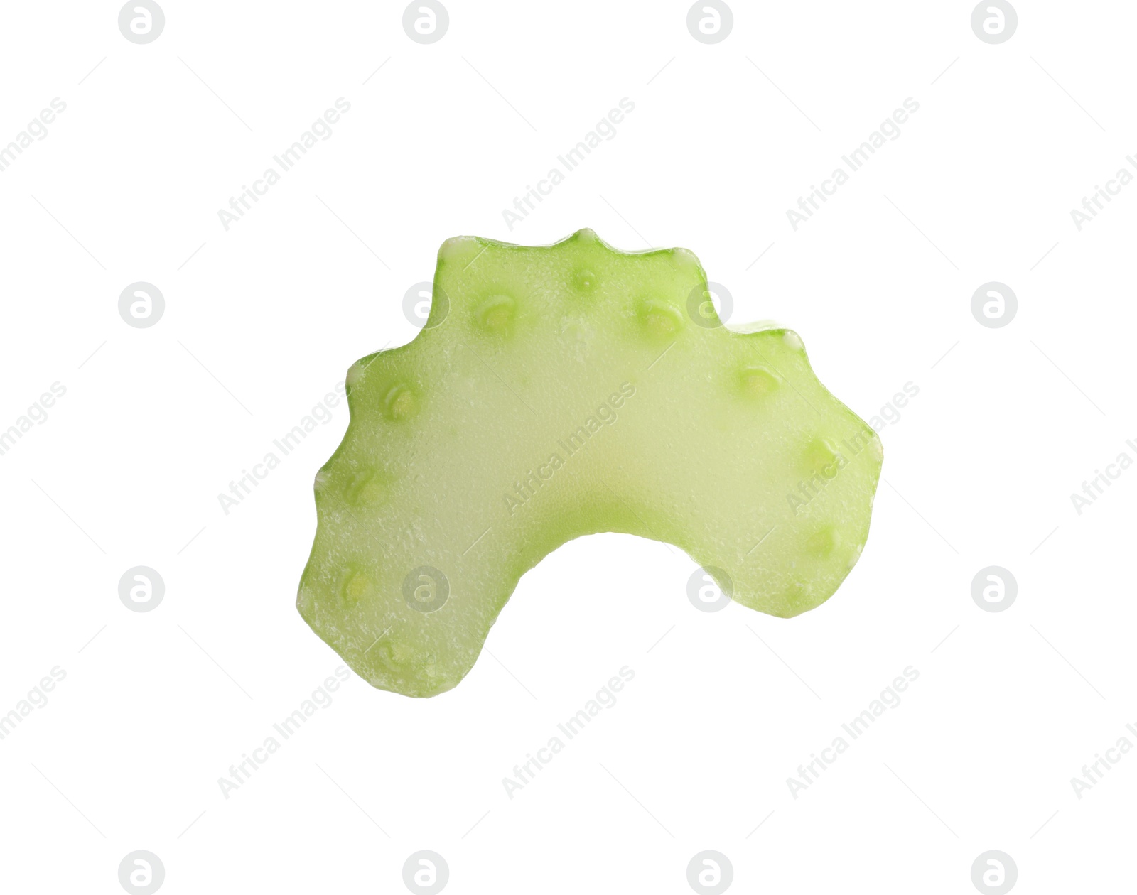 Photo of One slice of fresh celery stalk isolated on white