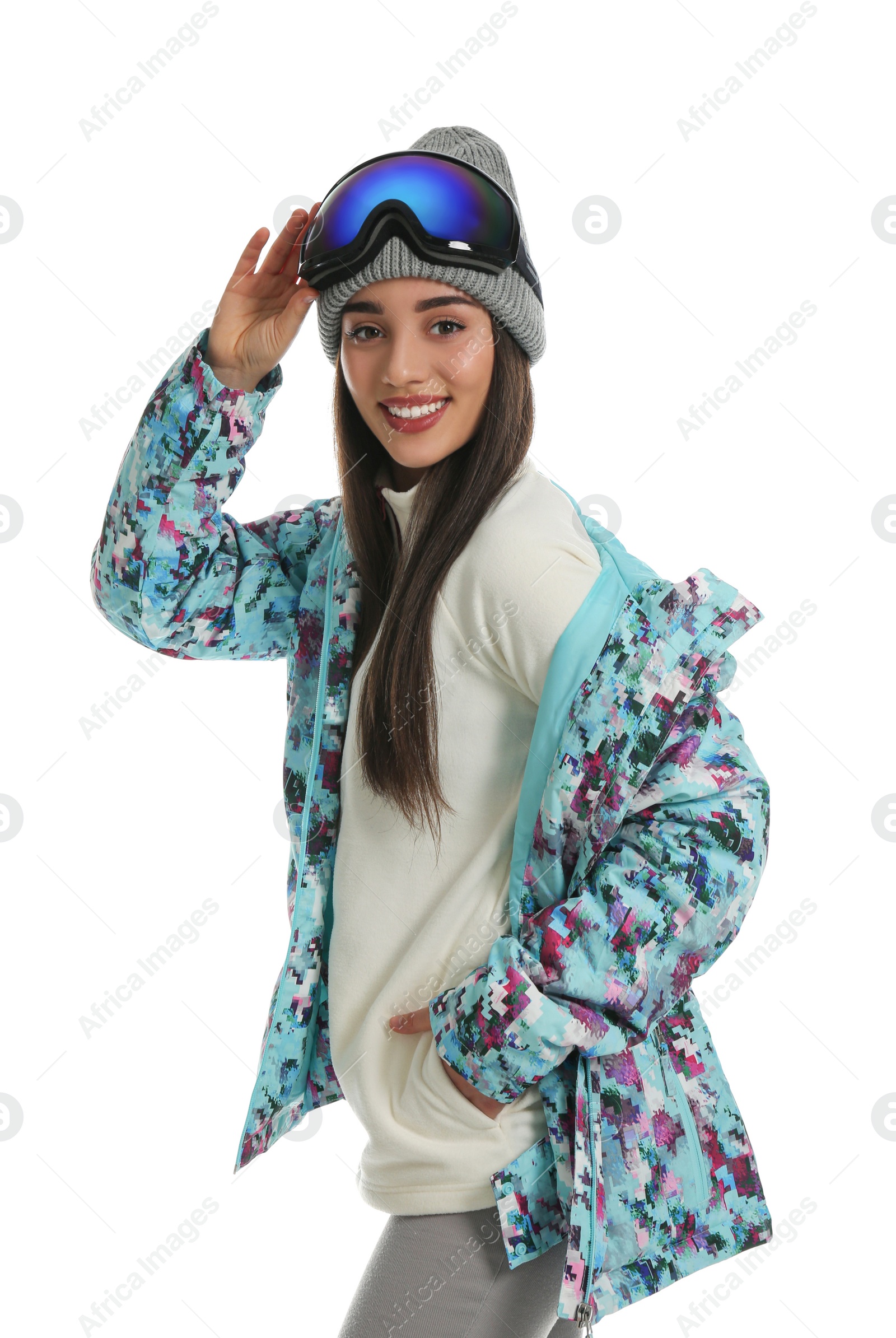 Photo of Woman wearing stylish winter sport clothes on white background