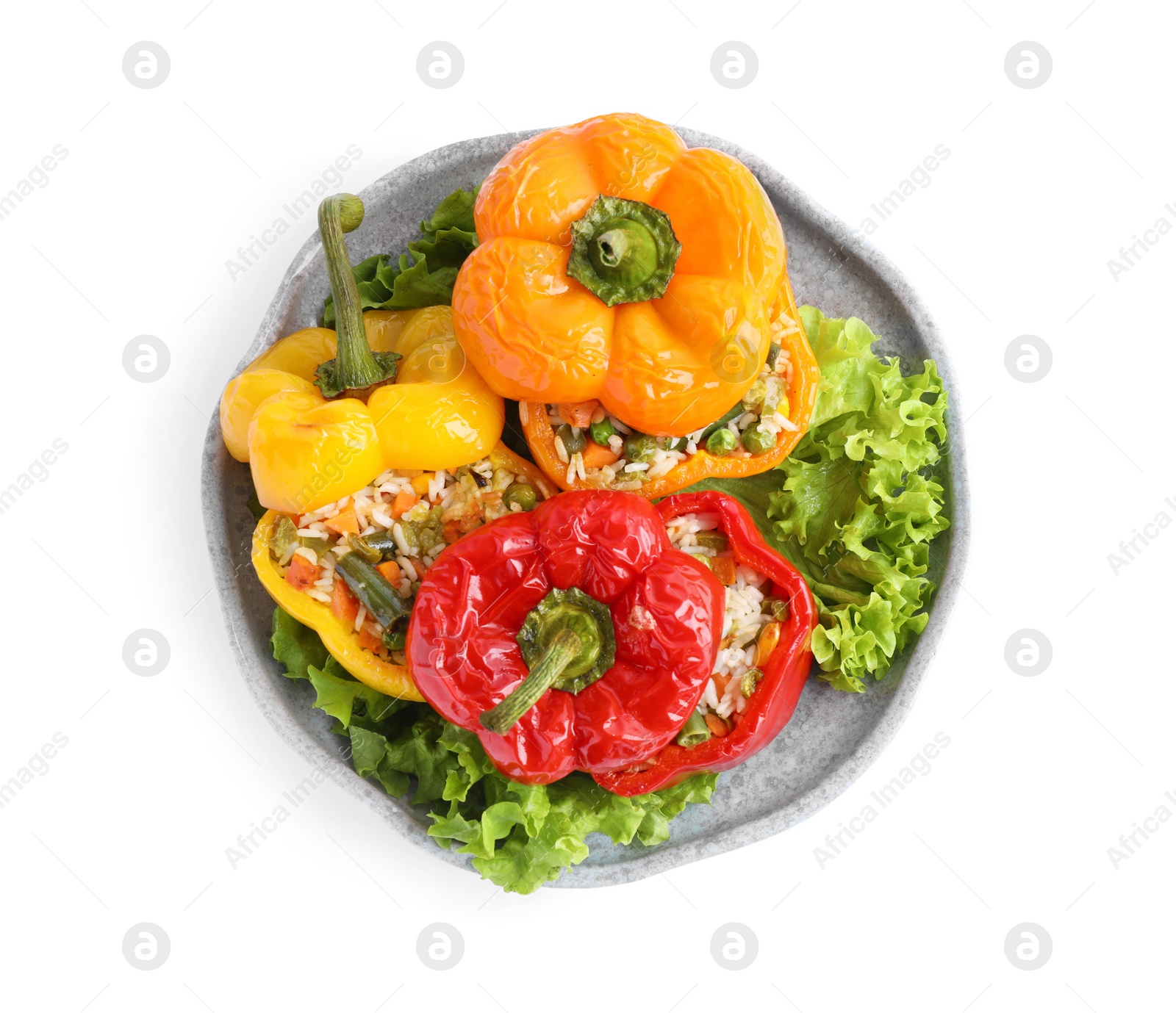 Photo of Tasty stuffed bell peppers isolated on white, top view