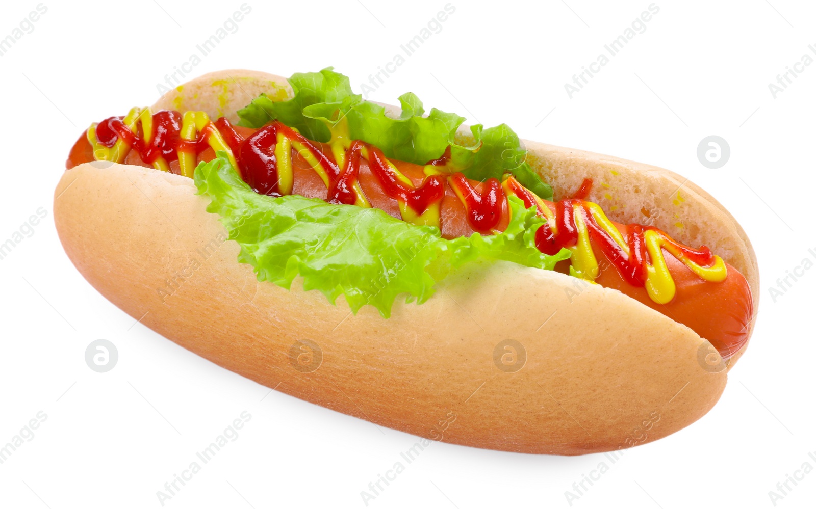 Photo of Tasty hot dog with lettuce, ketchup and mustard isolated on white