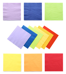 Image of Set with colorful paper napkins on white background, top view