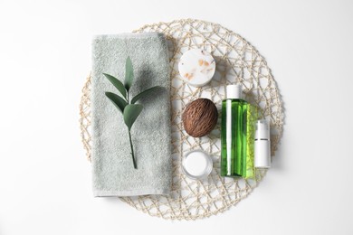 Bath accessories. Different personal care products on white background, top view