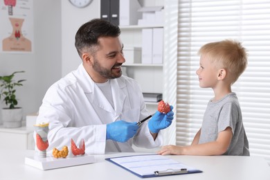 Photo of Endocrinologist showing thyroid gland model to little patient at table in hospital