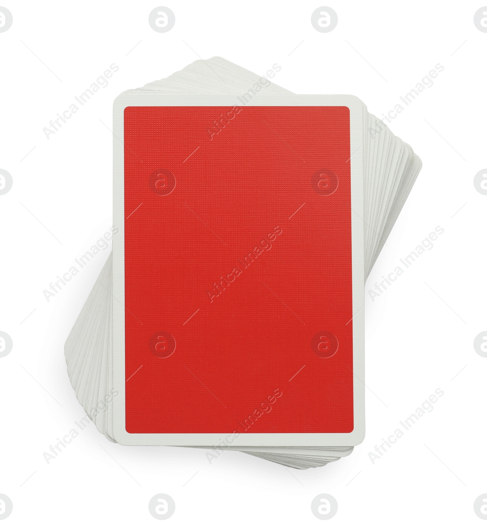 Photo of Deck of playing cards on white background, top view