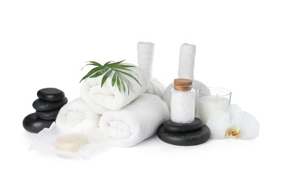 Photo of Beautiful composition with different spa products on white background