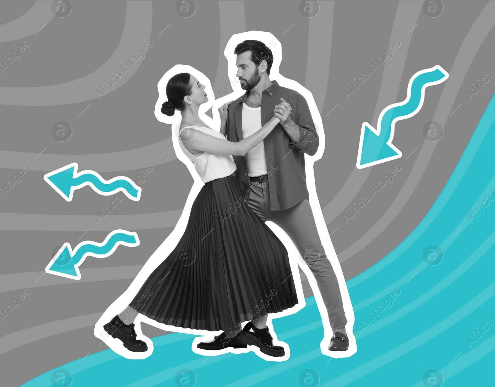 Image of Happy couple dancing on bright background. Creative collage with stylish man and woman. Concept of music, party, fashion, lifestyle