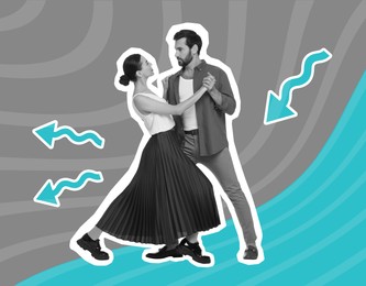 Happy couple dancing on bright background. Creative collage with stylish man and woman. Concept of music, party, fashion, lifestyle