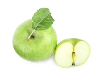 Photo of Fresh ripe green apples with leaf on white background