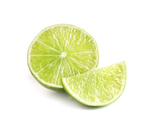 Slices of fresh ripe lime on white background