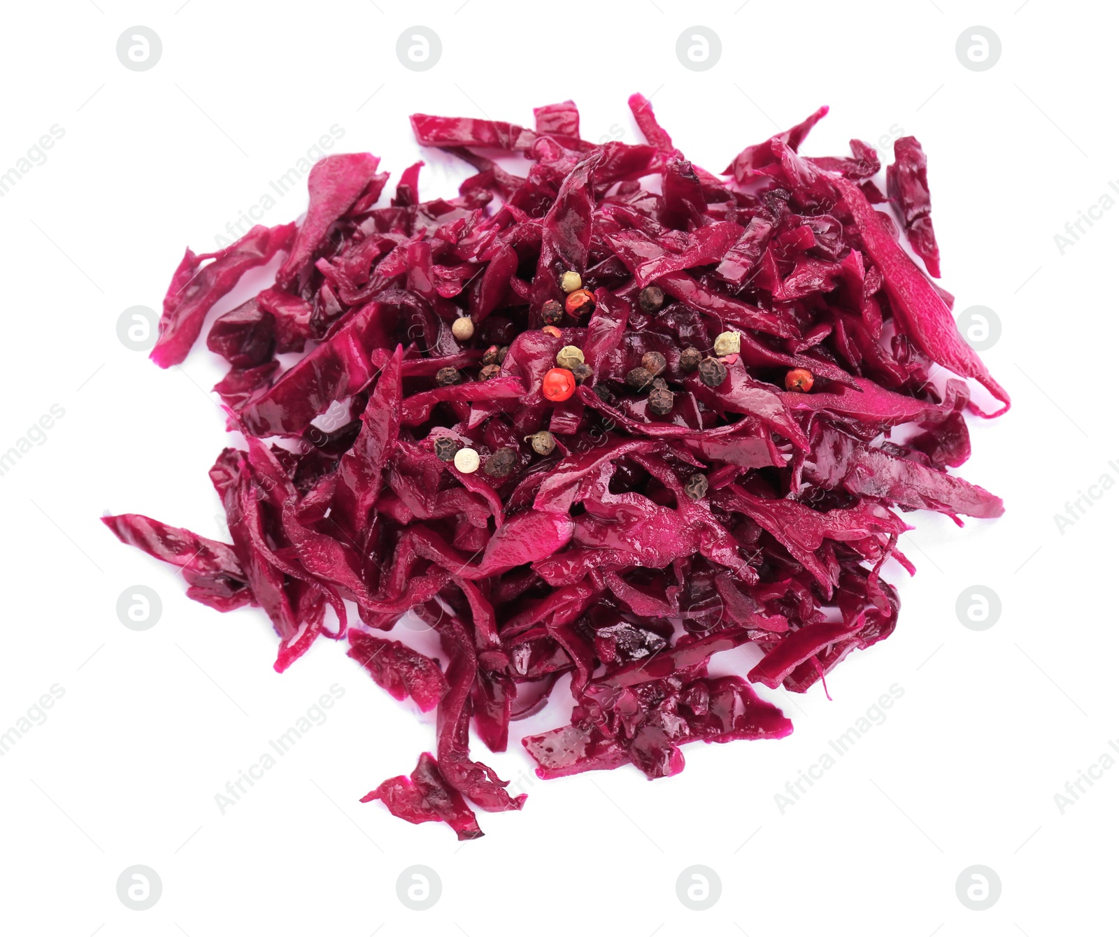 Photo of Pile of tasty red cabbage sauerkraut with spices isolated on white, top view