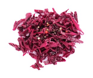 Photo of Pile of tasty red cabbage sauerkraut with spices isolated on white, top view