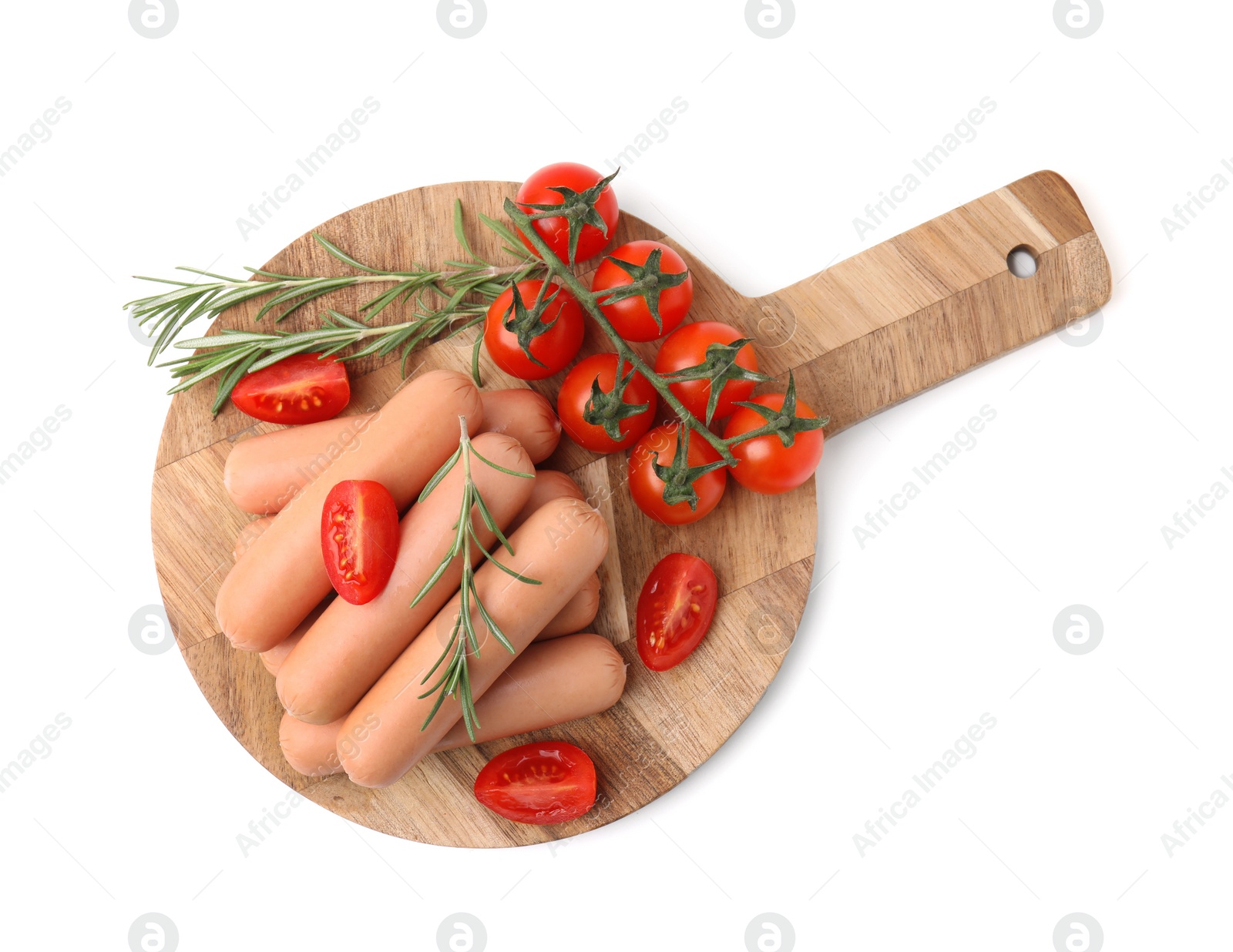 Photo of Delicious boiled sausages, tomatoes and rosemary isolated on white, top view