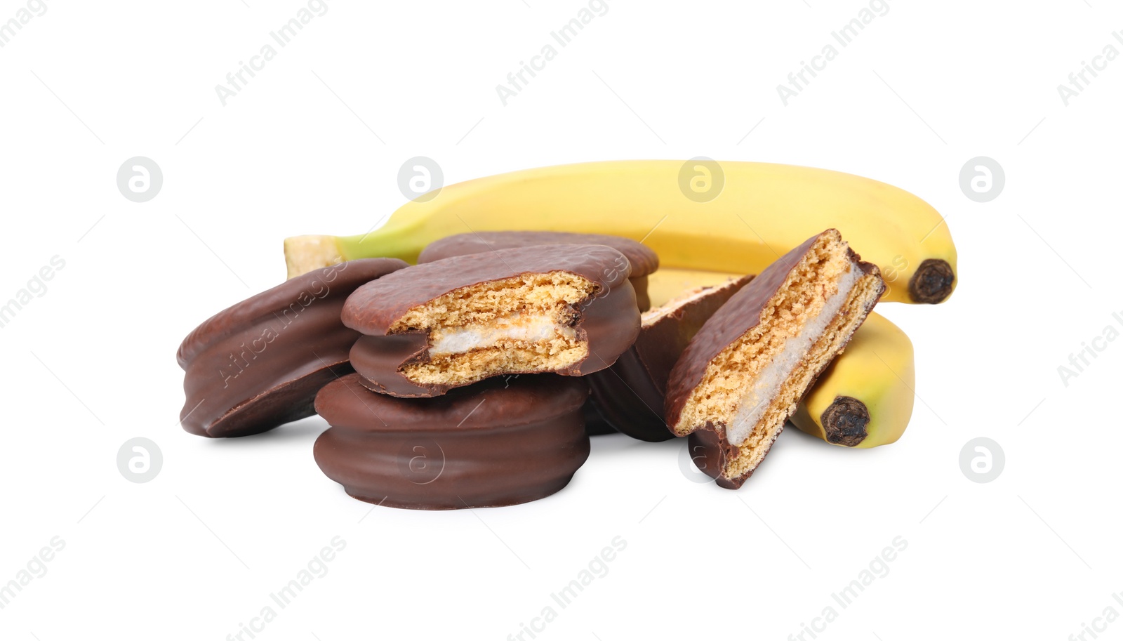 Photo of Tasty banana choco pies and fresh fruits isolated on white