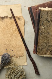 Magic wand, dry flowers, old books and papers on light textured background, flat lay