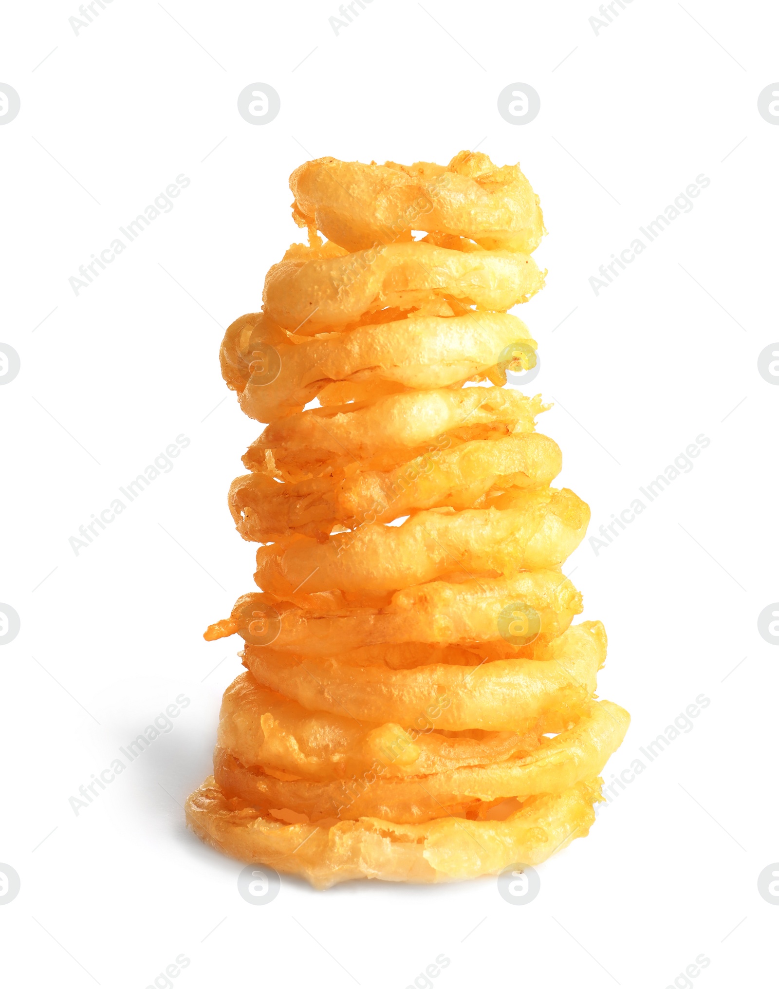 Photo of Stacked delicious golden breaded and deep fried crispy onion rings on white background