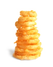 Stacked delicious golden breaded and deep fried crispy onion rings on white background