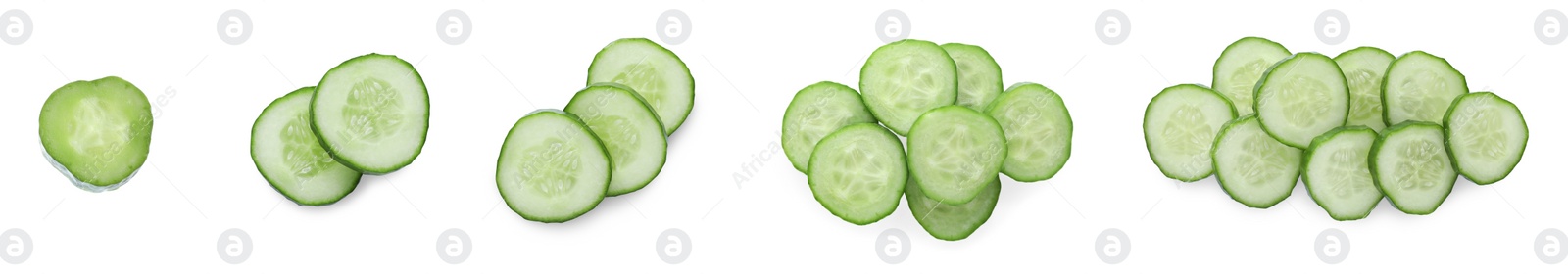 Set with slices of ripe cucumbers on white background. Banner design Image of Set with slices of ripe cucumbers on white background. Banner design