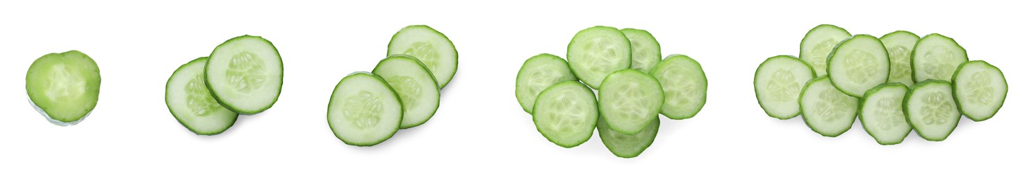 Image of Set with slices of ripe cucumbers on white background. Banner design