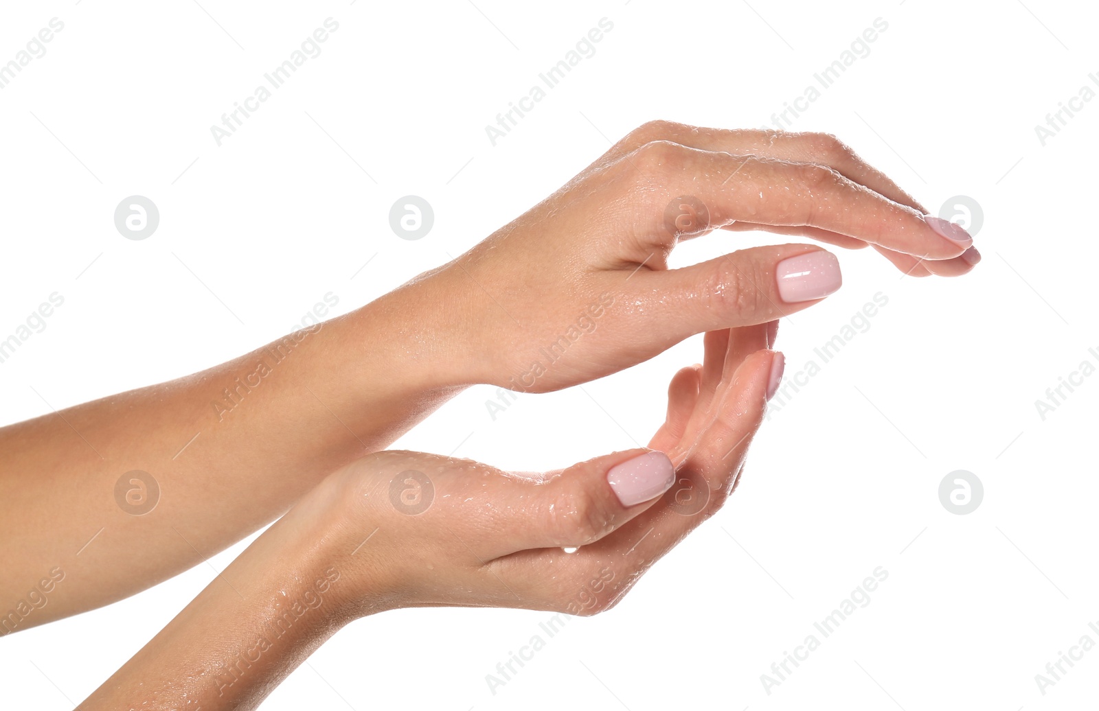 Photo of Woman with wet hands on white background, closeup. Spa treatment