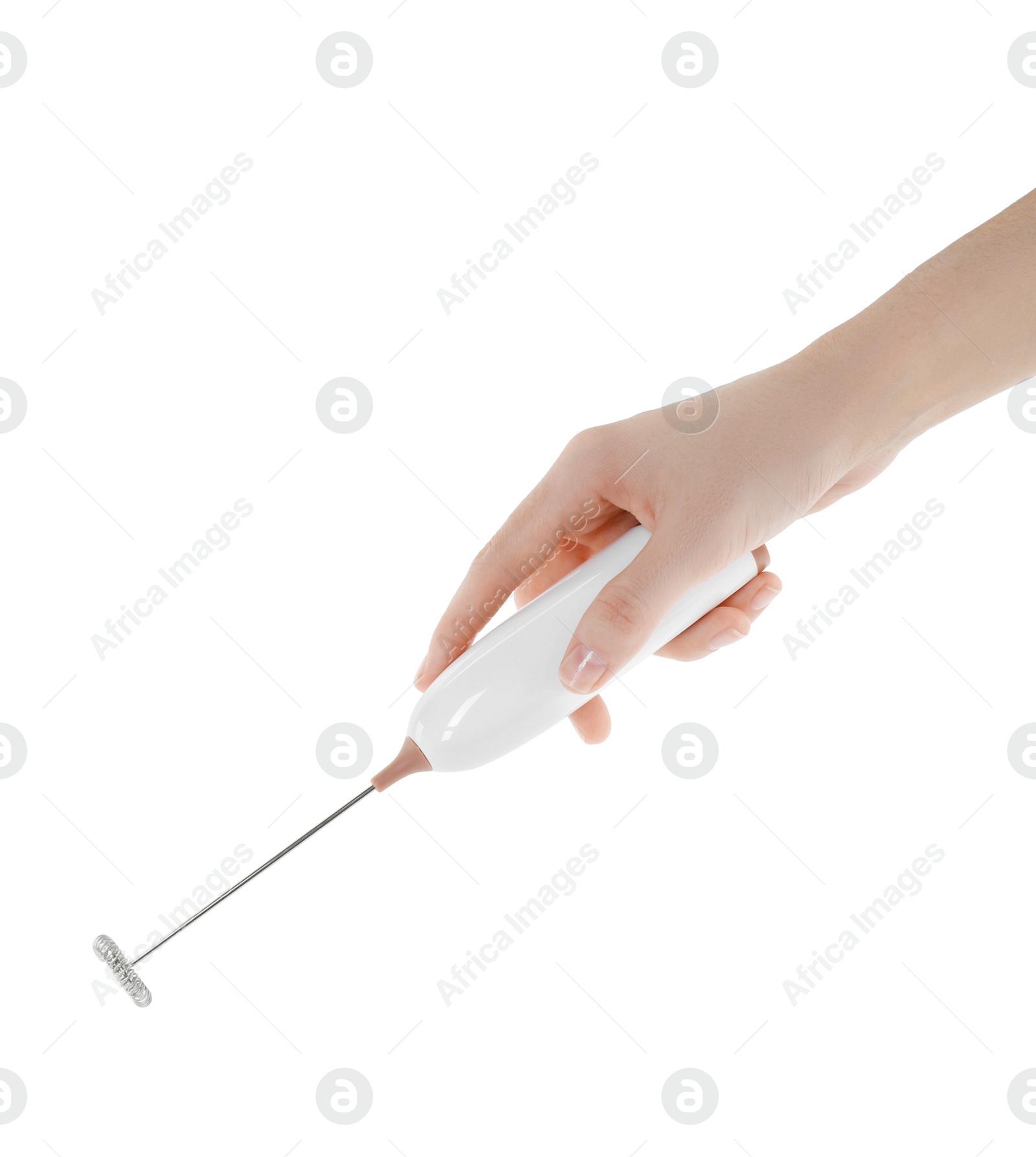 Photo of Woman holding milk frother wand on white background, closeup