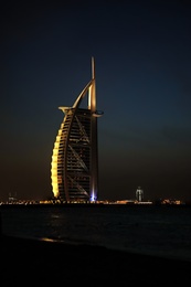 DUBAI, UNITED ARAB EMIRATES - NOVEMBER 03, 2018: Night landscape with illuminated Burj Al Arab