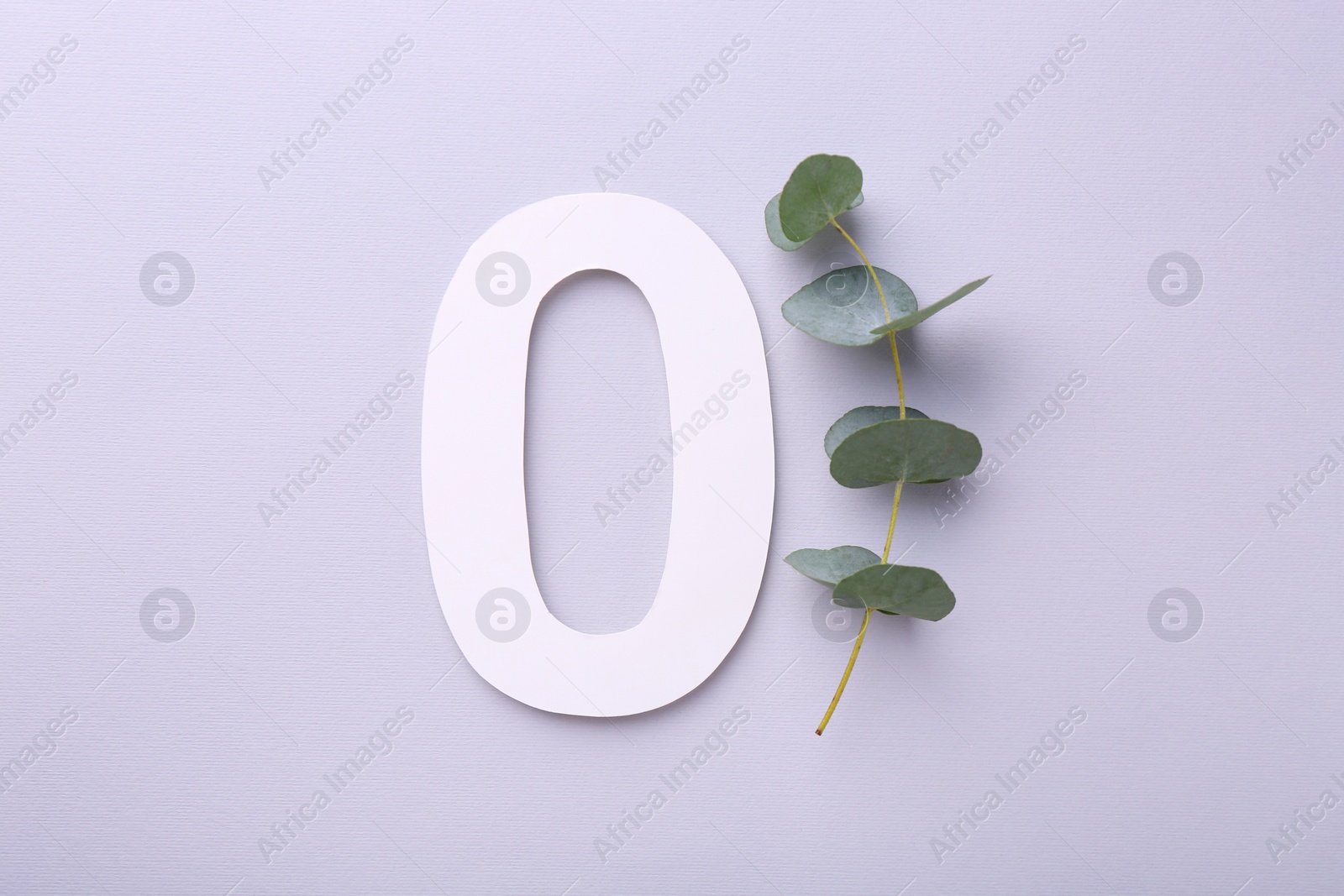 Photo of Paper number 0 and eucalyptus branch on light grey background, top view