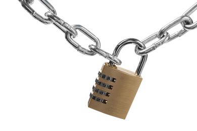 Photo of Steel combination padlock and chain isolated on white
