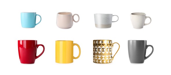 Image of Set with different beautiful cups on white background. Banner design