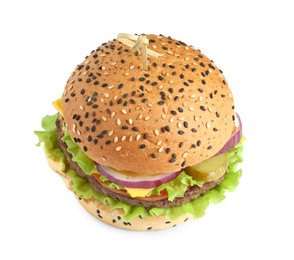 Photo of Burger with delicious patty isolated on white