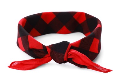 Photo of Tied red bandana with check pattern isolated on white