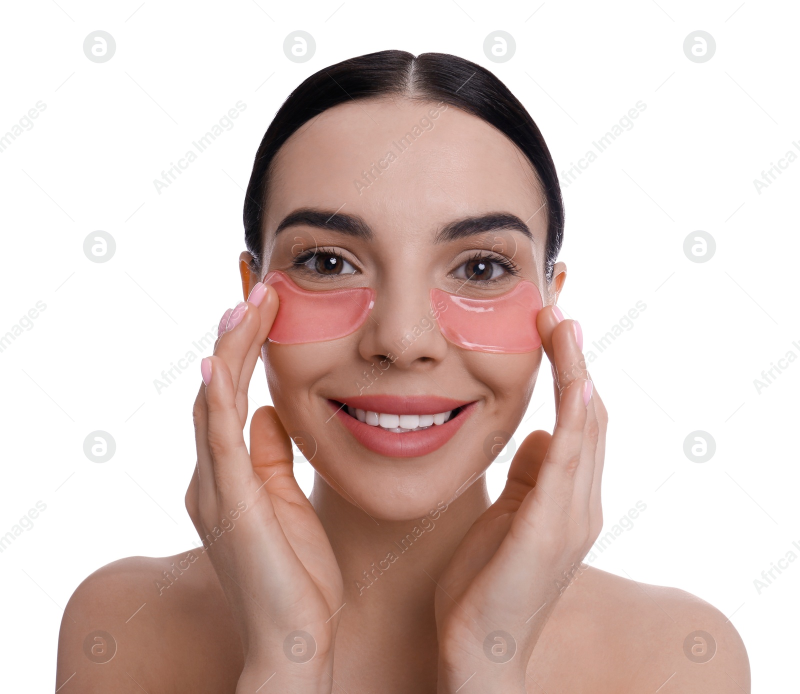 Photo of Beautiful young woman with under eye patches on white background