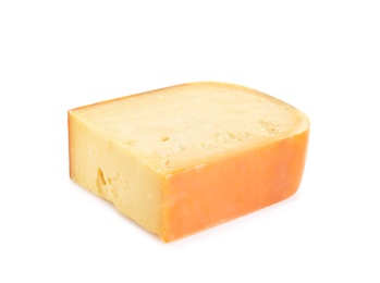 Photo of Piece of tasty cheddar cheese isolated on white