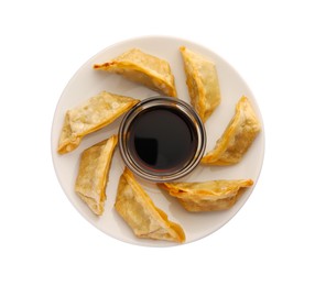 Photo of Delicious gyoza (asian dumplings) with soy sauce isolated on white, top view
